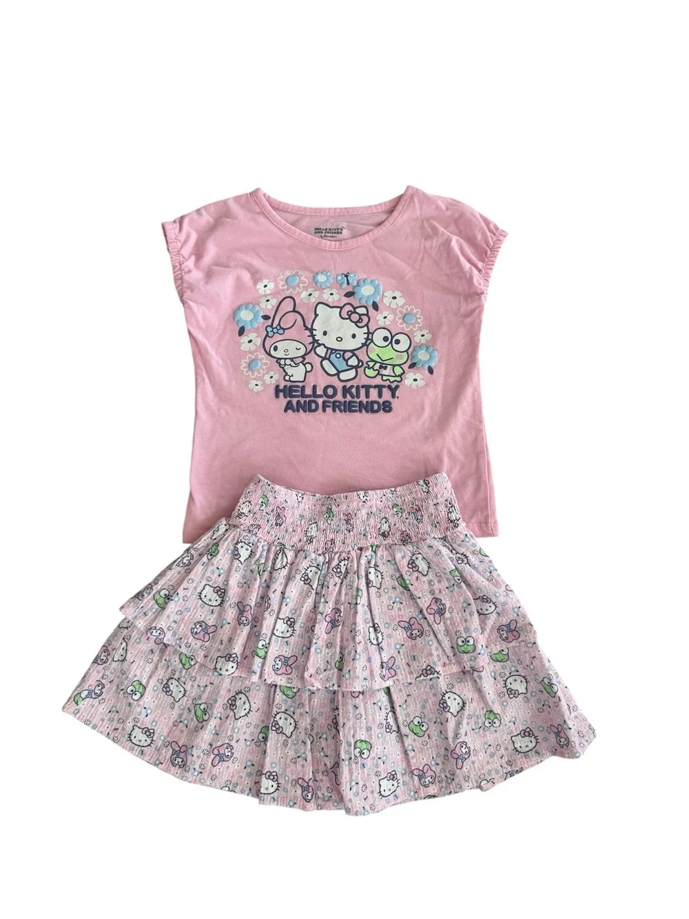 Hello Kitty Pink Graphic Tee and Printed Tiered Skirt Set